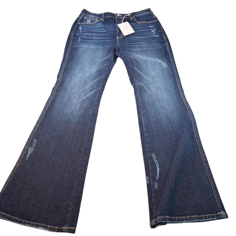 NWT KanCan womens dark high rise flare jeans. Mild distress. Size 15, 31 Tall.